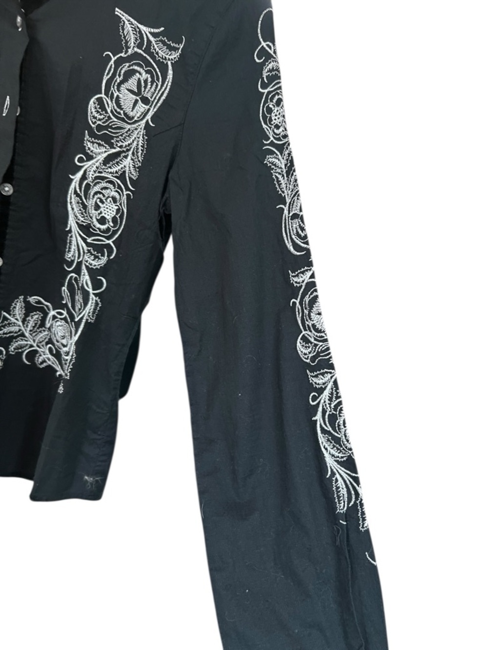 Women’s English Rose Black Long-Sleeve Shirt with White Floral Embroidery - Picture 2 of 8